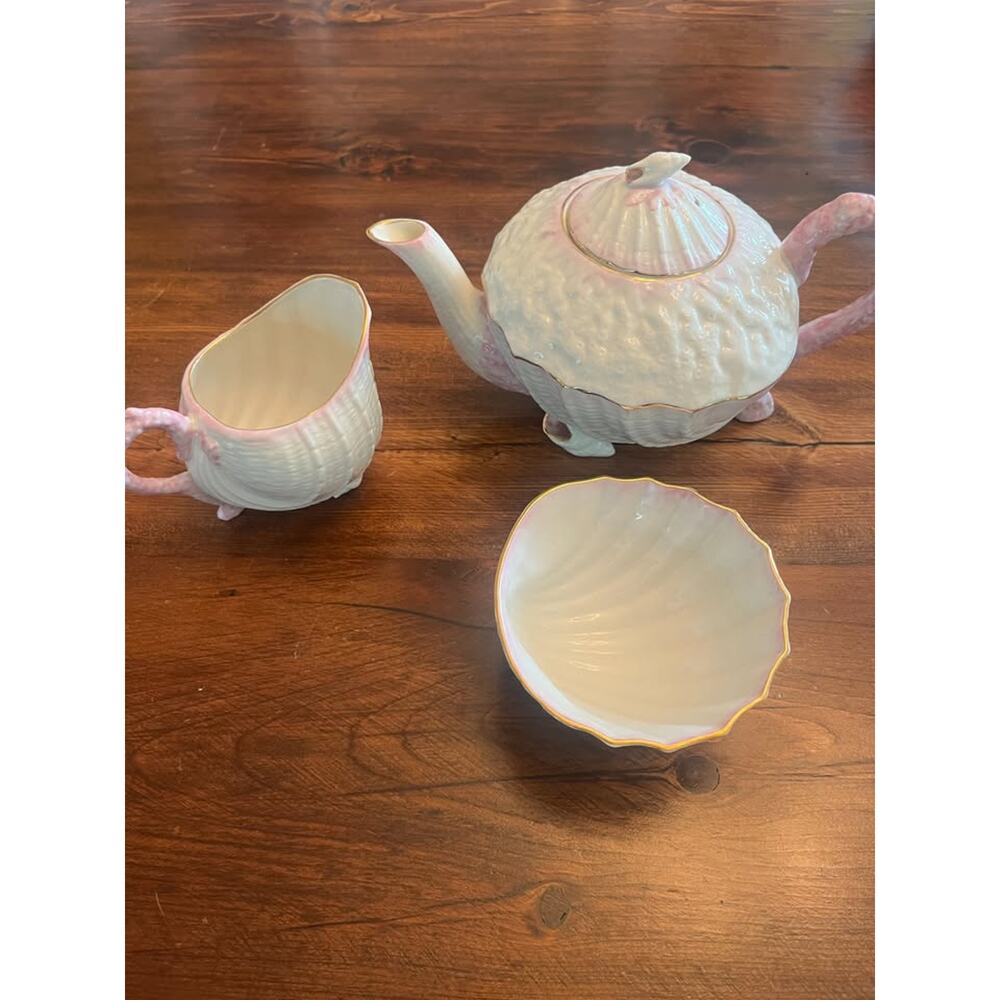 Vintage 3 Piece Belleek Tea Set Pink Neptune with Seashell Conches - Picture 2 of 7